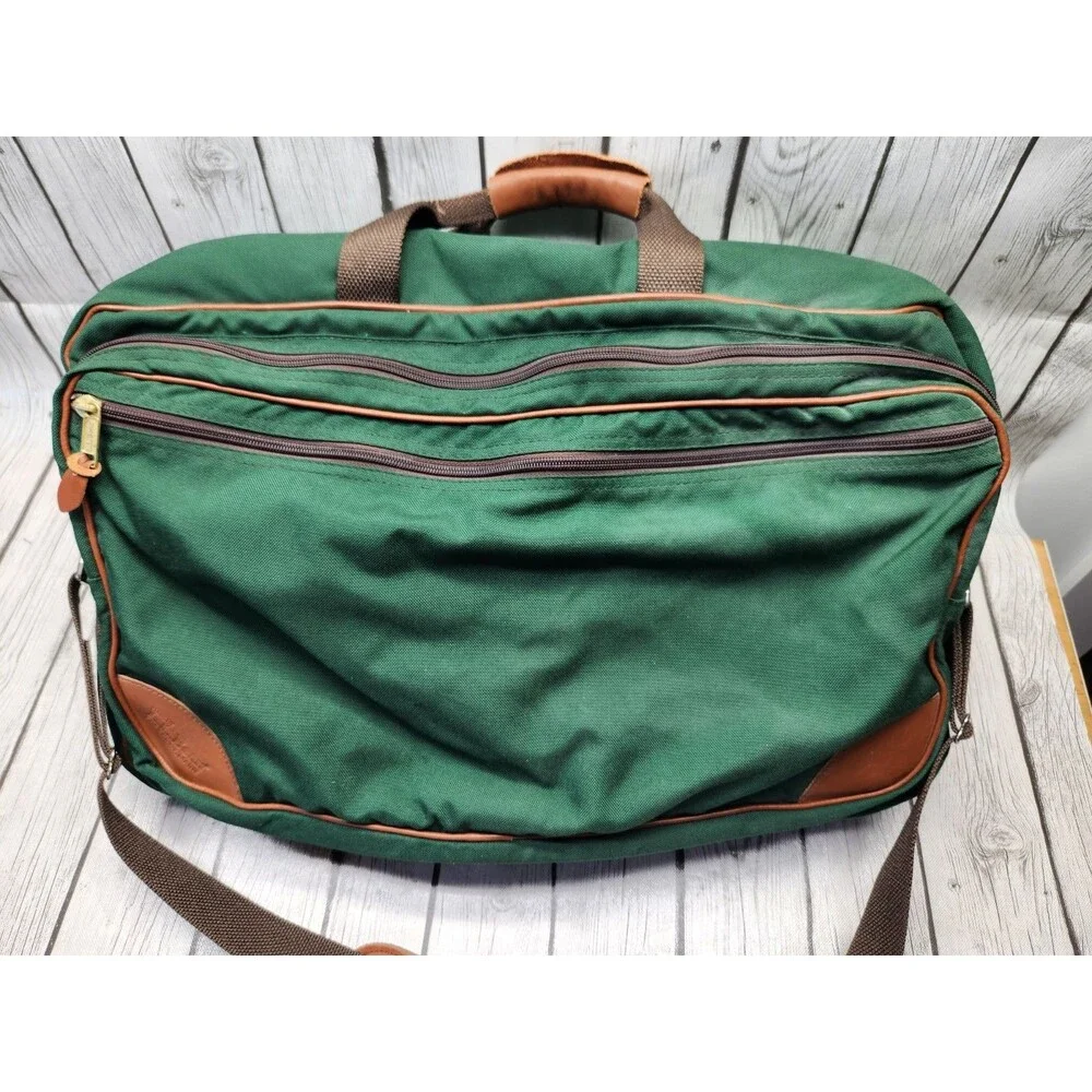 Vtg L.L. Bean Forest Green Canvas Duffle Bag Leather Trim Brass Hardware Travel